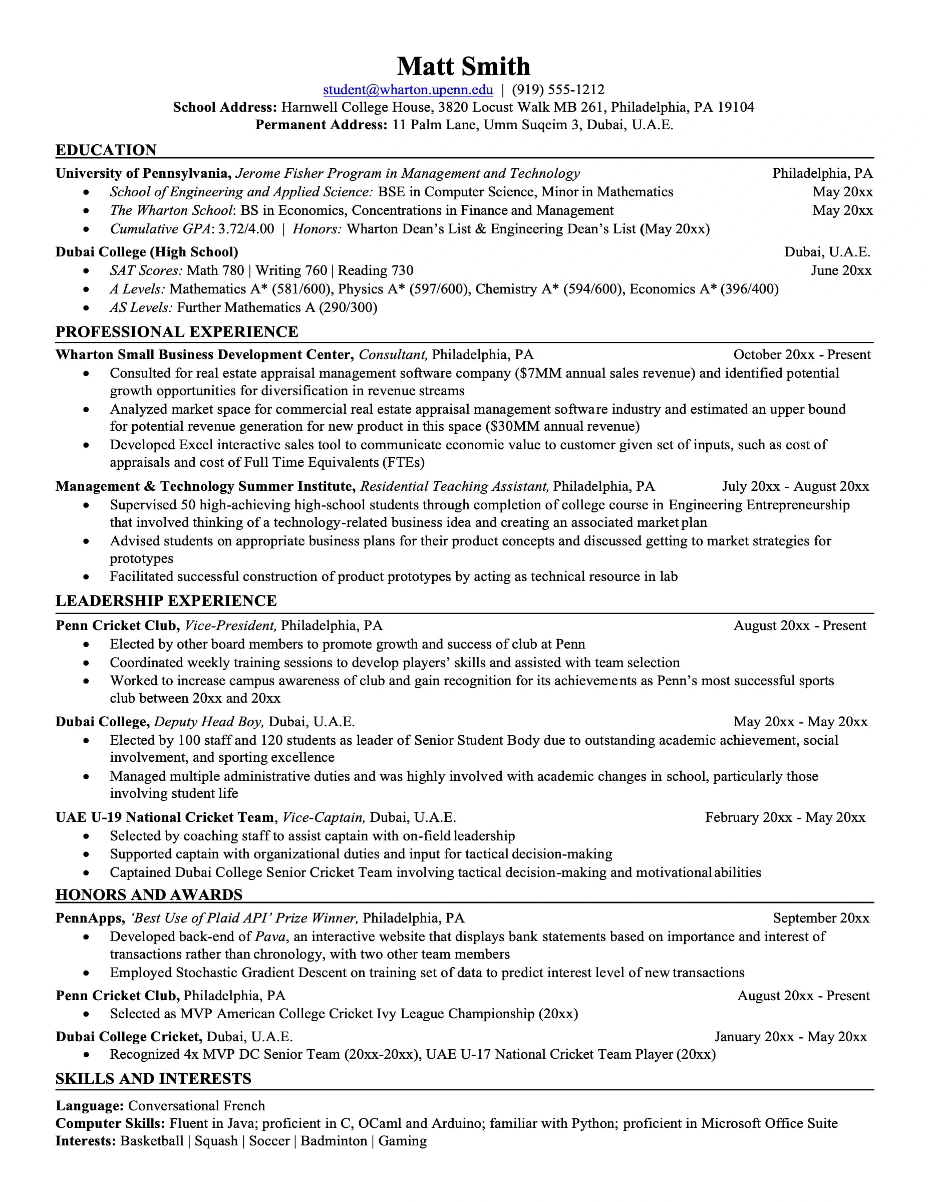 Consulting 格式的一頁式英文履歷成品
